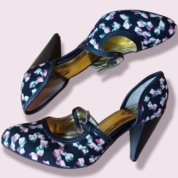 Seychelles Rockabilly Retro Pinup Black Bow Heels Size 7.5 - Picture 4 of 10
